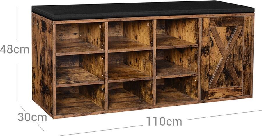 Rootz Living Rootz Schoenenbank in vintage stijl Schoenenorganizer Schoenenopberger Spaanplaatmateriaal 9 compartimenten Verstelbare planken Gevoerde zitting Vintage Bruin 110 cm x 30 cm x 48 cm