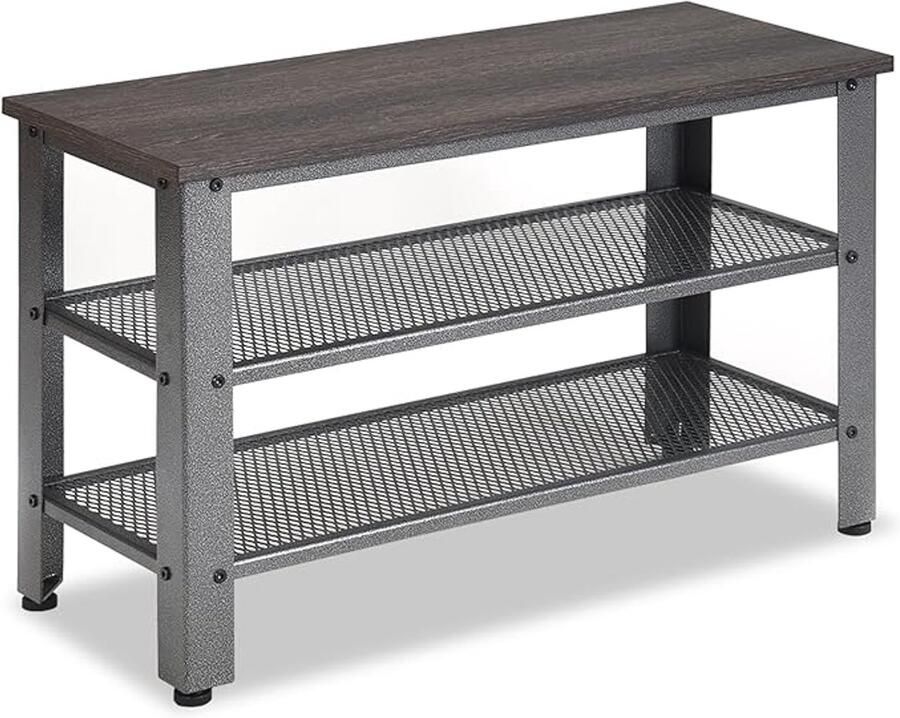 Schoenenbank met 3 niveaus en zitting – Schoenenrek met 2 roosterplanken metalen en houten frame 4 voetsteunen