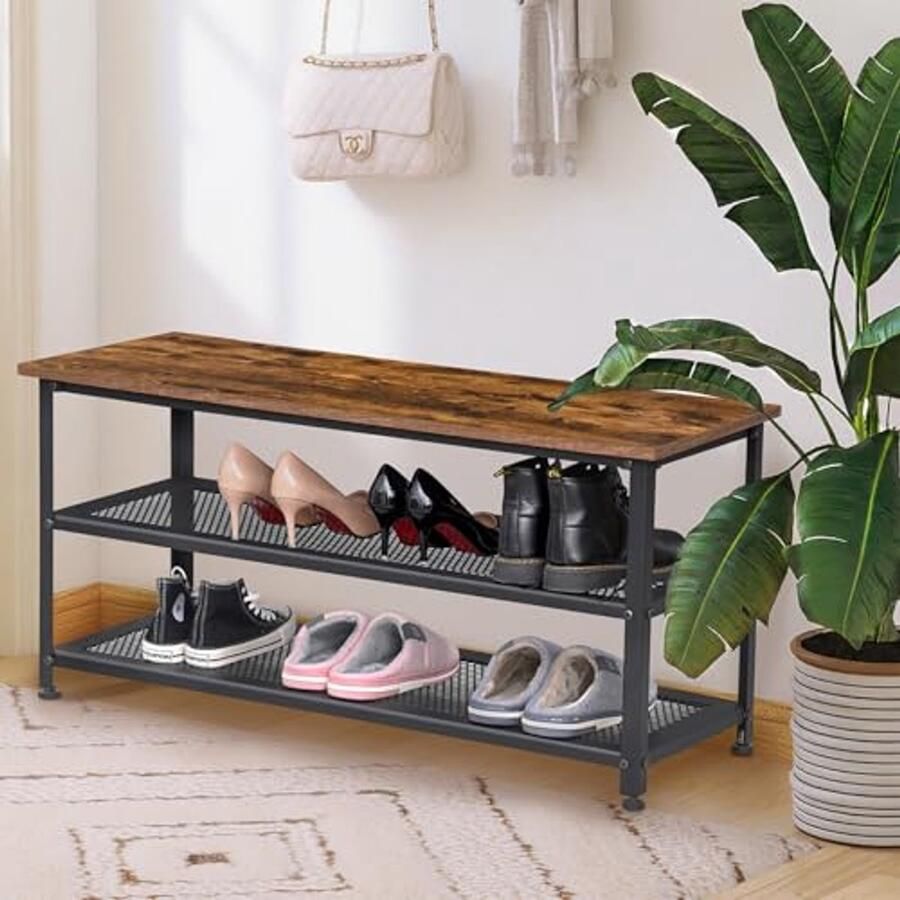 Schoenenbank met gaasplanken Industriële schoenenrek voor entree en slaapkamer Opbergplank met stalen structuur Ruim en praktisch design in rustiek bruin en zwart