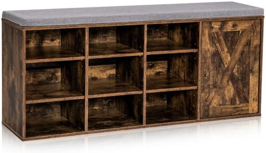 Schoenenbank met gevoerd kussen – 3-niveaus schoenenrek met verstelbare planken deur openend – Rustiek bruin