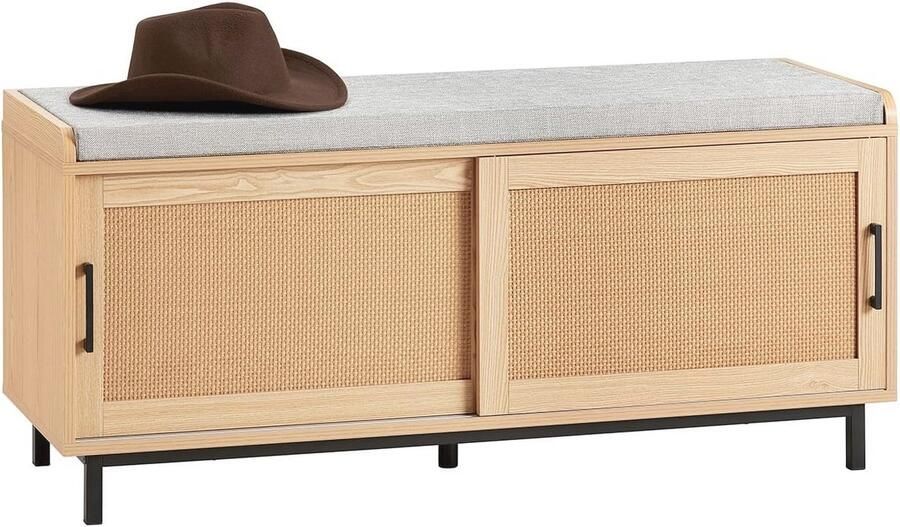 Schoenenbank met Gewatteerd Kussen en Opbergruimte Opbergbank met Rotan Fronten 110x40x49 cm