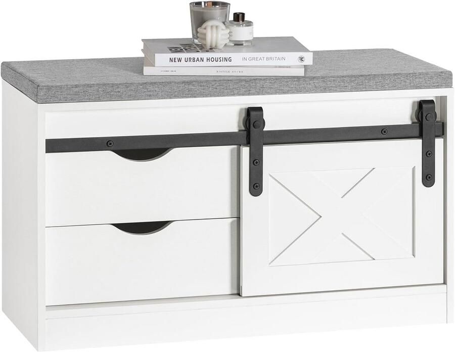 Schoenenbank met Gewatteerd Kussen en Opbergruimte Wit 80x30x49 cm