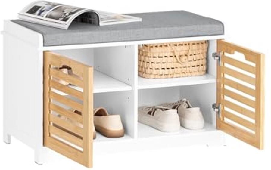 Schoenenbank met Gewatteerde Kussen en 2 Deuren voor Hal Houten Opbergmeubel 71 x 35 x 43 cm