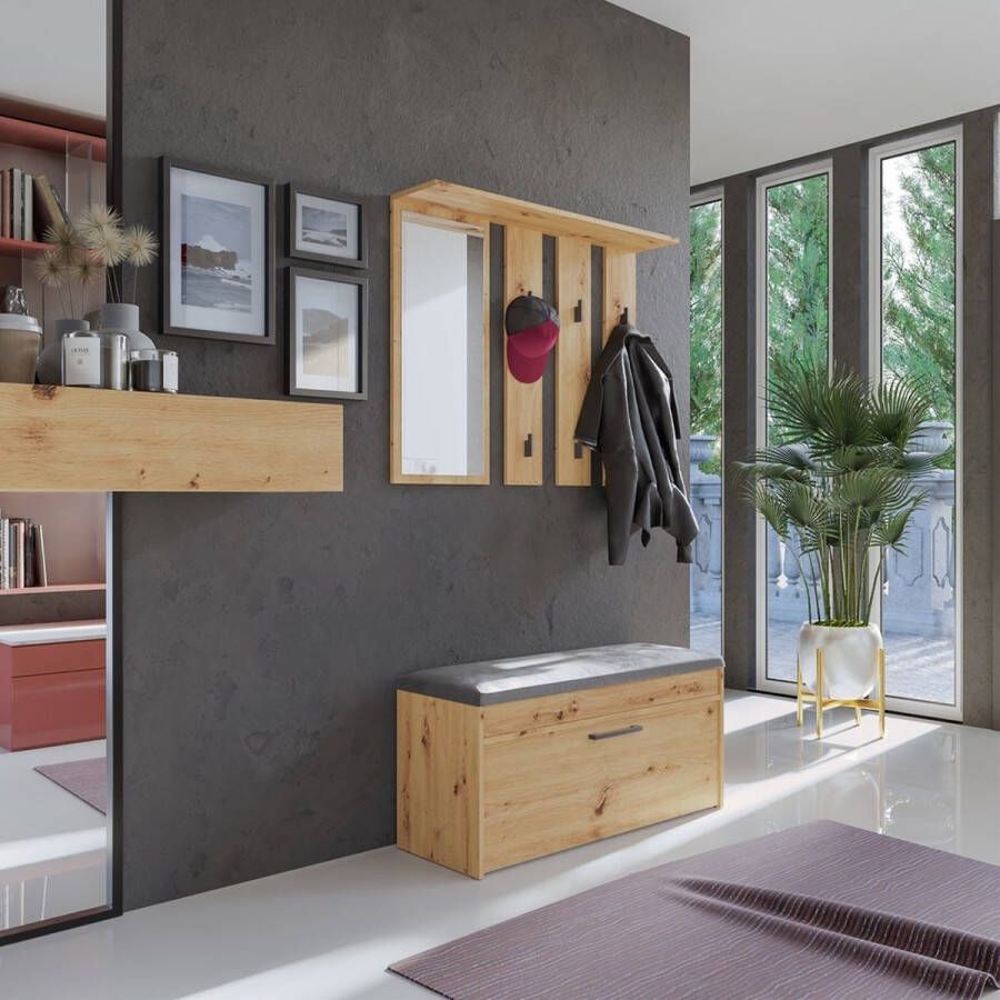 Schoenenbank met kapstok en spiegel-eiken