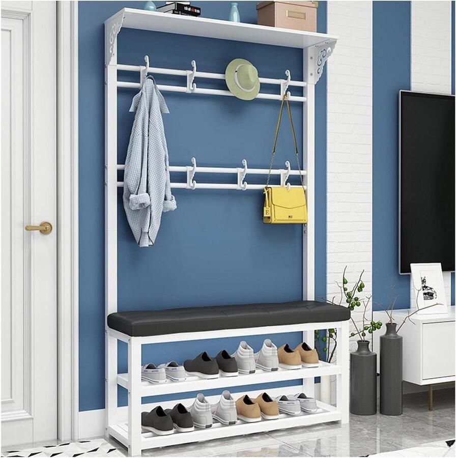 Kapstok met bank 100 x 30 x 172 cm vrijstaande kapstok met 8 haken en schoenenrek multifunctionele kledingstandaard voor hal entree zwart - Foto 3