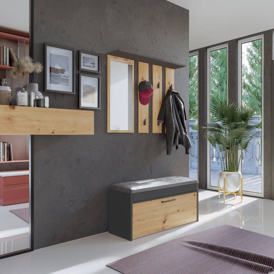 Schoenenbank met Kapstok -Spiegel- Antraciet-Eiken