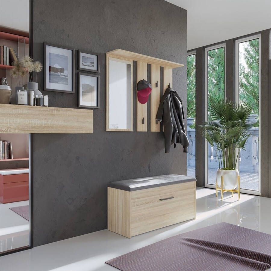 Schoenenbank met Kapstok- Spiegel- Licht Eiken