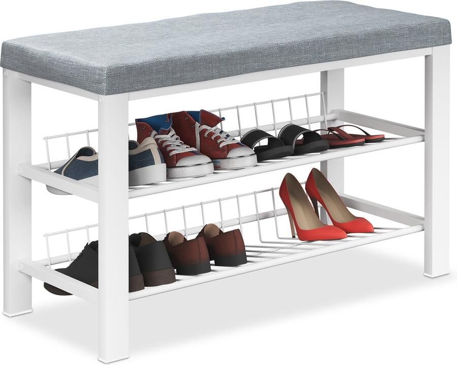 Relaxdays schoenenbank halbank zitbank schoenenrek garderobebank met kussen grijs wit