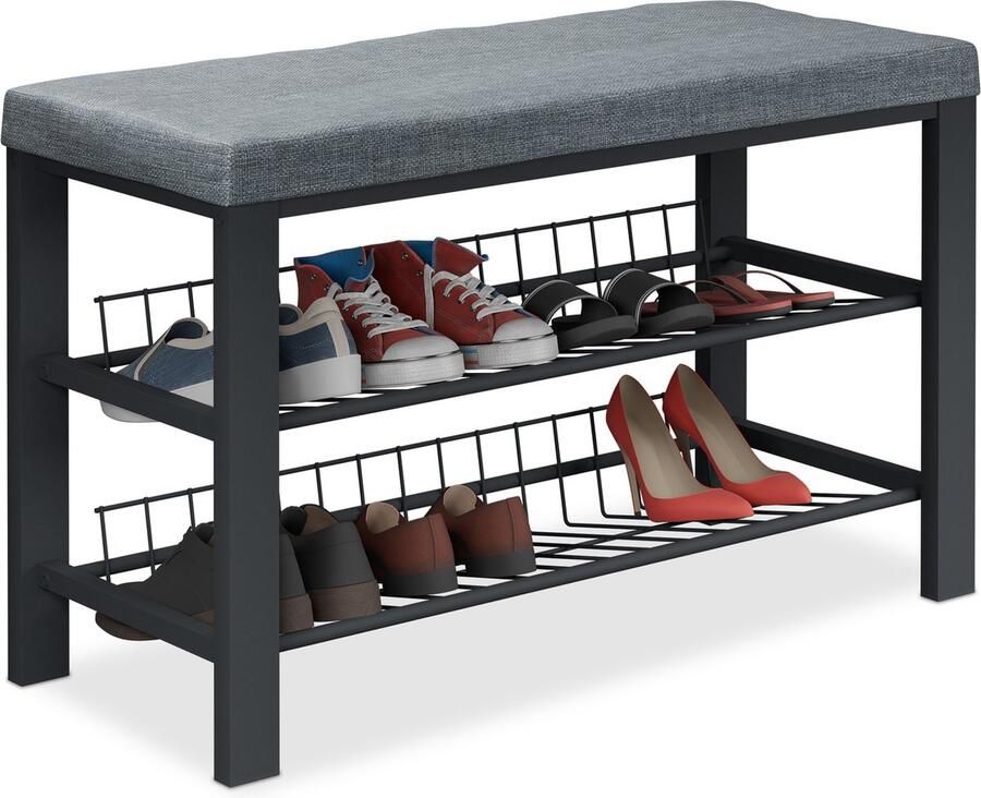 Relaxdays schoenenbank halbank zitbank schoenenrek garderobebank met kussen grijs zwart