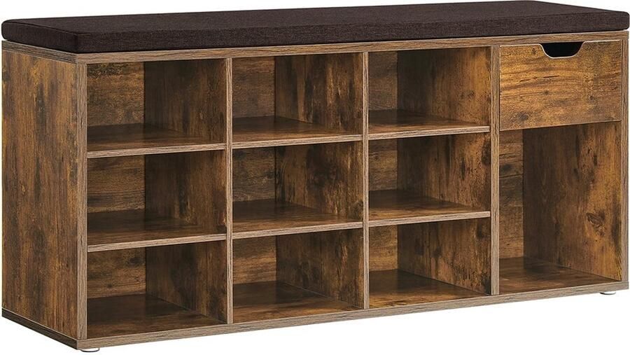 Rootz Living Rootz Vintage Bruine Schoenenbank Ingangsbank Opbergbank Houten spaanplaat MDF 30 cm x 104 cm x 48 cm Gewatteerde zitting 200 kg capaciteit 18 5 kg gewicht 3 cm kussendikte