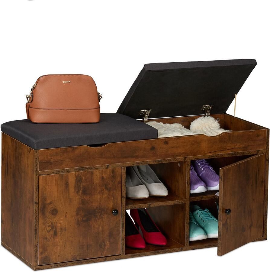 Schoenenbank met opbergruimte 49 5 x 100 x 34 cm zitkussen 2 deuren industrieel