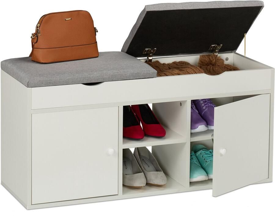 Schoenenbank met opbergruimte 49 5 x 100 x 34 cm zitkussen 2 deuren wit