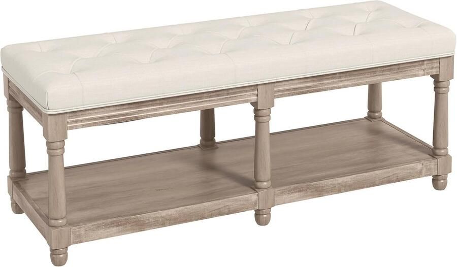 Schoenenbank met opbergruimte en gevoerd zitvlak voor woonkamer en hal crème