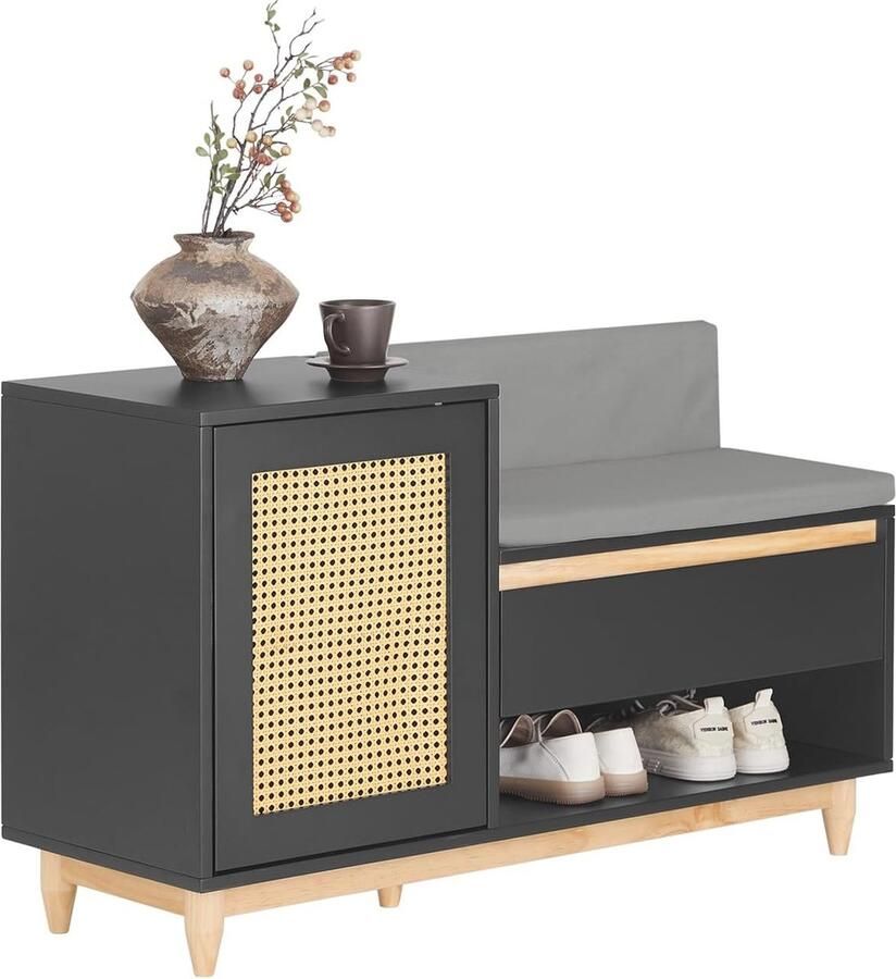 Schoenenbank met Opbergruimte en Kussen voor Inkomhal of Woonkamer Naturel Zwart 100 x 35 x 60 cm - Foto 2