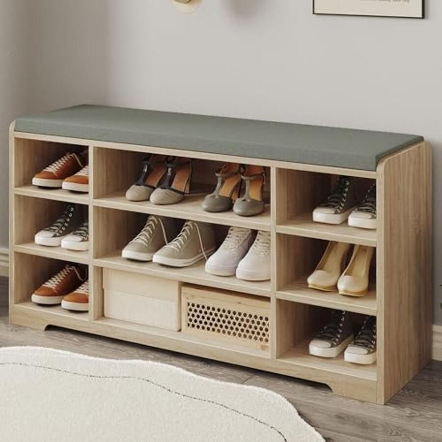 Schoenenbank Met Opbergruimte En Kussen Zitbank Voor Woonkamer Hal En Slaapkamer Wit Eiken