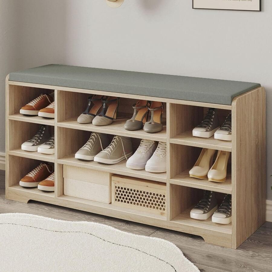 Schoenenbank met Zitting Opbergbank Hal Schoenen Opbergen Comfortabel Zitkussen 103 cm Breed Wit Eiken