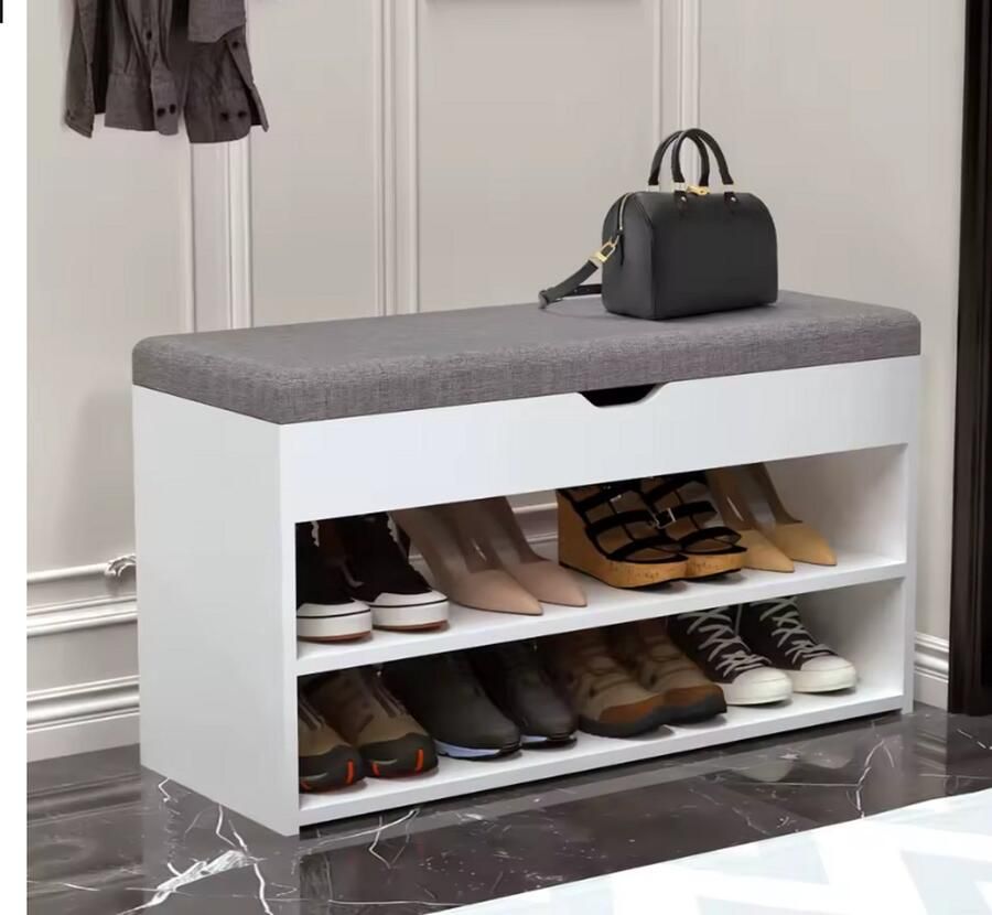 Schoenenbank met Opbergruimte en Zitkussen – 80x30x44 cm – Schoenenrek met Zitting – Wit – Modern & Praktisch – Opbergkast voor Hal of Slaapkamer