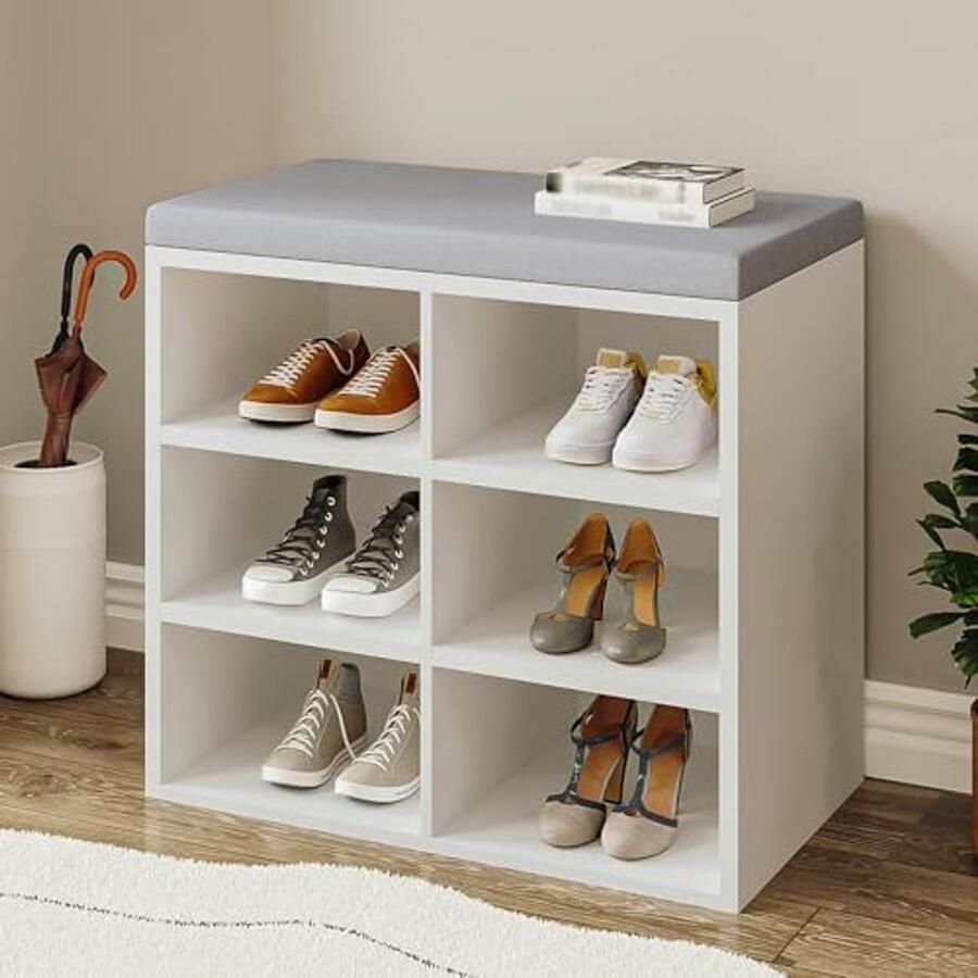 Schoenenbank met Opbergruimte en Zitvlak 6 Vakken Verstelbare Planken Ideaal voor Hal en Woonkamer