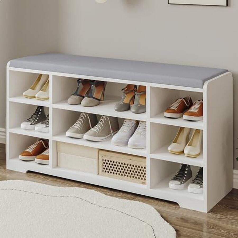 Schoenenbank met Opbergruimte en Zitvlak Verstelbare Planken 9 Vakken Wit-Grijs