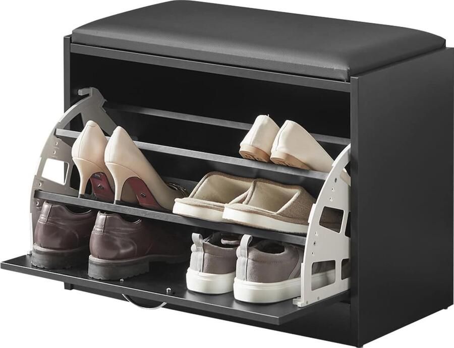 Schoenenbank met opbergruimte en zitvlak zwart 60 x 30 x 47 cm