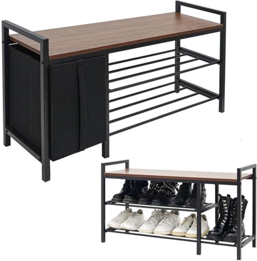 Schoenenbank met Opbergruimte Zwart Metalen Schoenenbankje voor Hal Zitbankje voor Schoenen met Praktische Lade Industrieel Schoenenrek