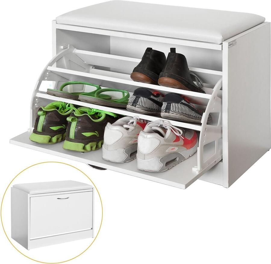 Rootz Living Rootz Schoenenbank met schoenenrek Schoenenkantelaar Schoenenkast Gewatteerde zitting Ruimtebesparend Rubberen voetjes voor stabiliteit B60 x D30 x H48 cm