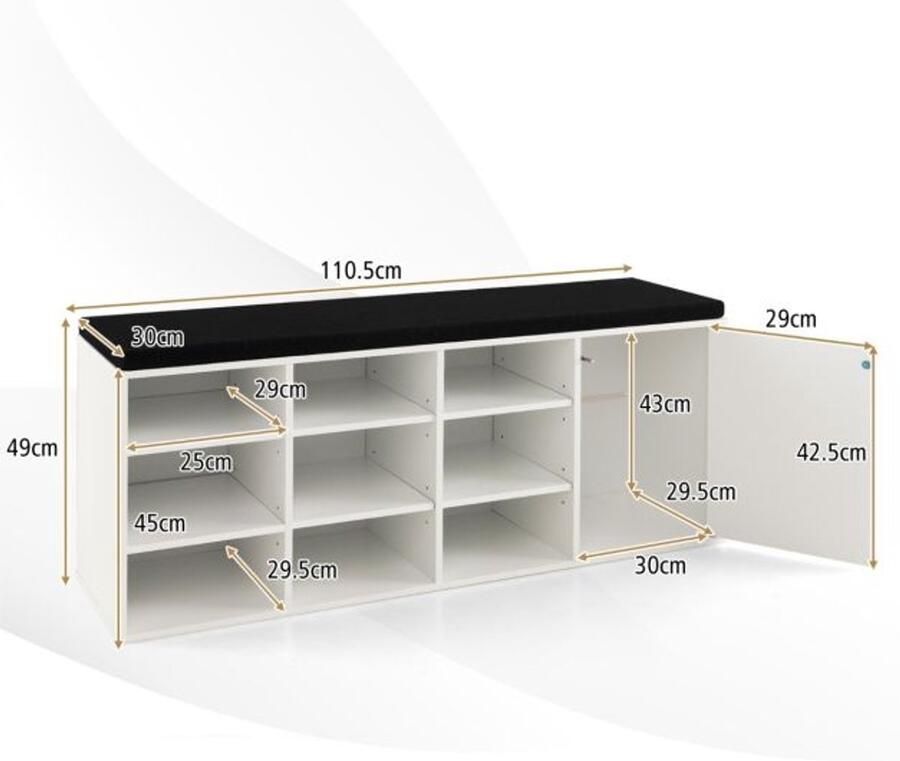 Schoenenbank met verstevigd kussen – 3-niveaus schoenenrek met verstelbare planken en deuropenner – Wit