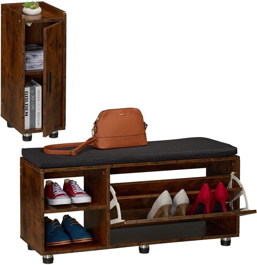 Schoenenbank met zitkussen 100 cm breed met halkastje industrieel
