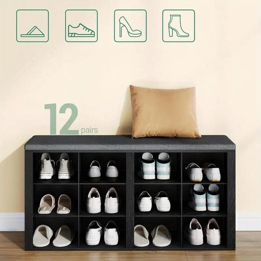 Schoenenbank met Zitkussen – 12 Compartimenten – Opbergbank voor Schoenen – Wit Grijs – Voor Hal Woonkamer of Slaapkamer