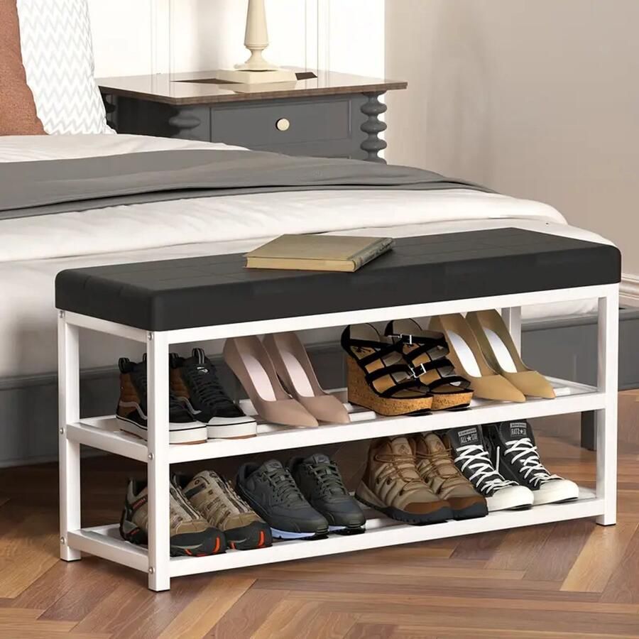 Schoenenbank met Zitkussen – 90x45x30cm – Houten Schoenenrek met Opbergplank – Comfortabele Zitting voor Hal Slaapkamer & Woonkamer