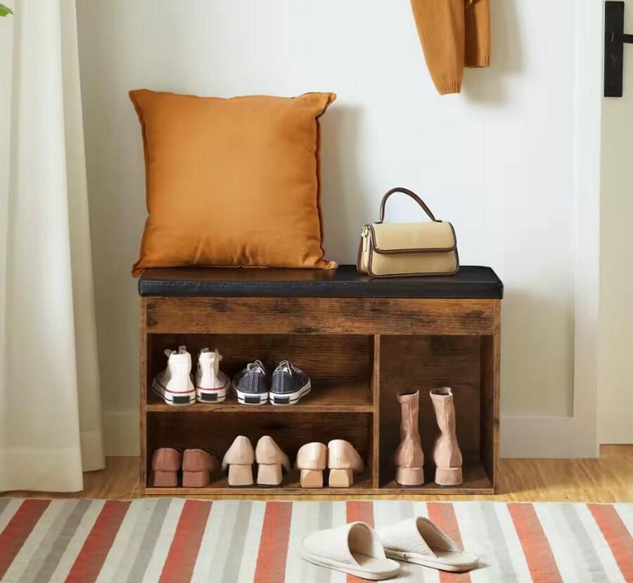 Schoenenbank met Zitkussen – Houten Opbergbank voor Hal – Schoenenrek met Zitting – 82x31 5x46 5 cm – Industrieel Design – Meubel voor Gang Hal of Slaapkamer