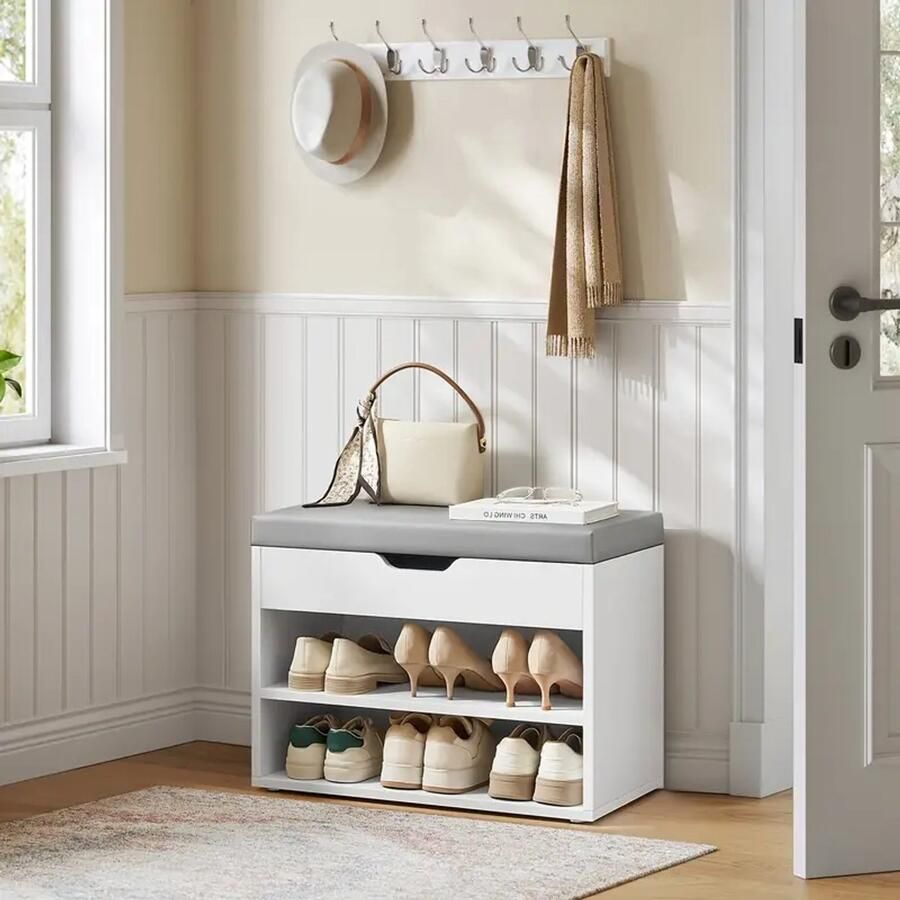 Schoenenbank met Zitkussen – Houten Schoenenrek 3 Lagen – Wit – Opbergbank voor Hal & Woonkamer