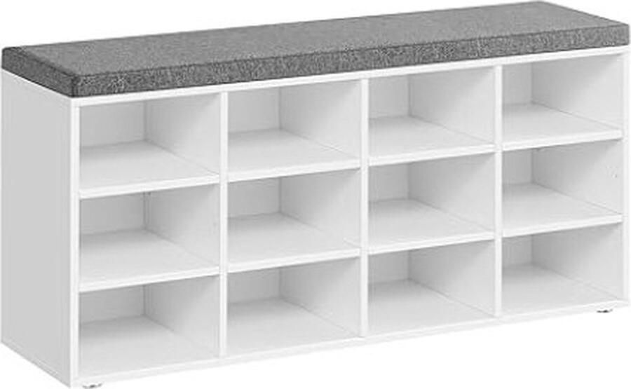 ZAZA Home Schoenenbank met zitkussen opbergbank met zitkussen halbank met 12 compartimenten verstelbare planken voor slaapkamer 11.9 x 40.9 x 18.9 inch wit en grijs