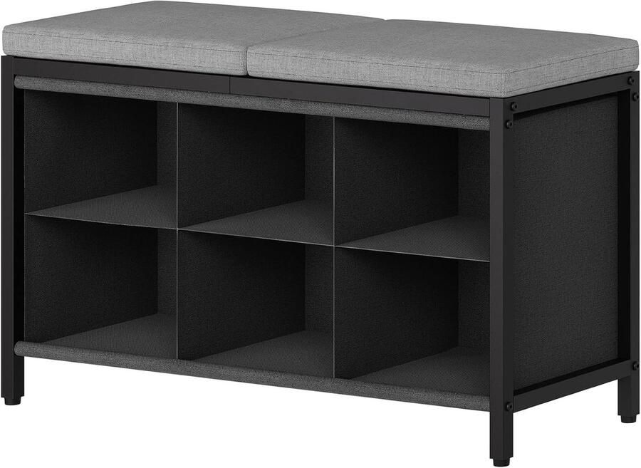 Schoenenbank met zitvlak en gewatteerd kussen schoenenrek met 6 vakken van Oxford-stof schoenenkast met opbergruimte voor hal of gang zwart en grijs