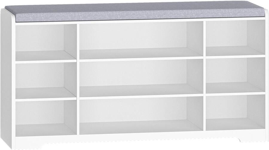 Schoenenbank met Zitvlak en Opbergkussen Schoenenrek met 9 Vakken Verstelbare Planken Minimalistisch Design Opbergbank voor Woonkamer Wit Grijs 30 x 103 x 52 7 cm