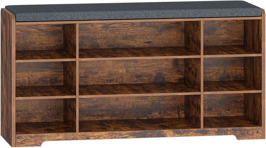Schoenenbank met Zitvlak en Opbergkussen Vintage Brown Schoenenrek 9 Vakken Verstelbare Planken Minimalistisch Modern Meubel voor Woonkamer 30 x 103 x 52 7 cm