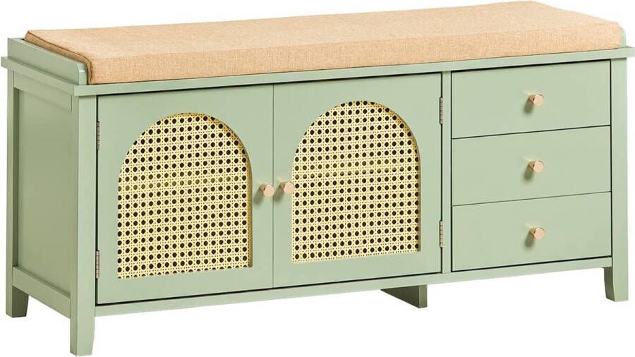 Schoenenbank met zitvlak en roosterlook deuren zitbank met opbergruimte halbank schoenenrek smal groen BHT ca.: 100x46x34cm