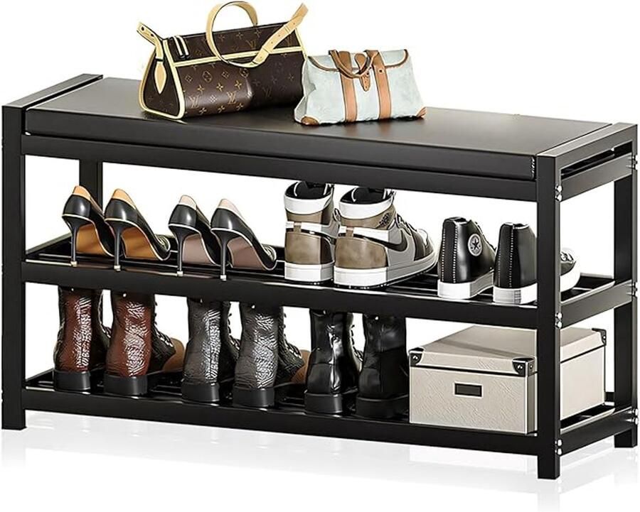 Schoenenbank met zitvlak metalen schoenenrek met 3 niveaus tot 150 kg belastbaar 95 x 25 x 41 5 cm zwart koolstofstaal zitbank schoenenkast schoenenstandaard voor ingang hal woonkamer