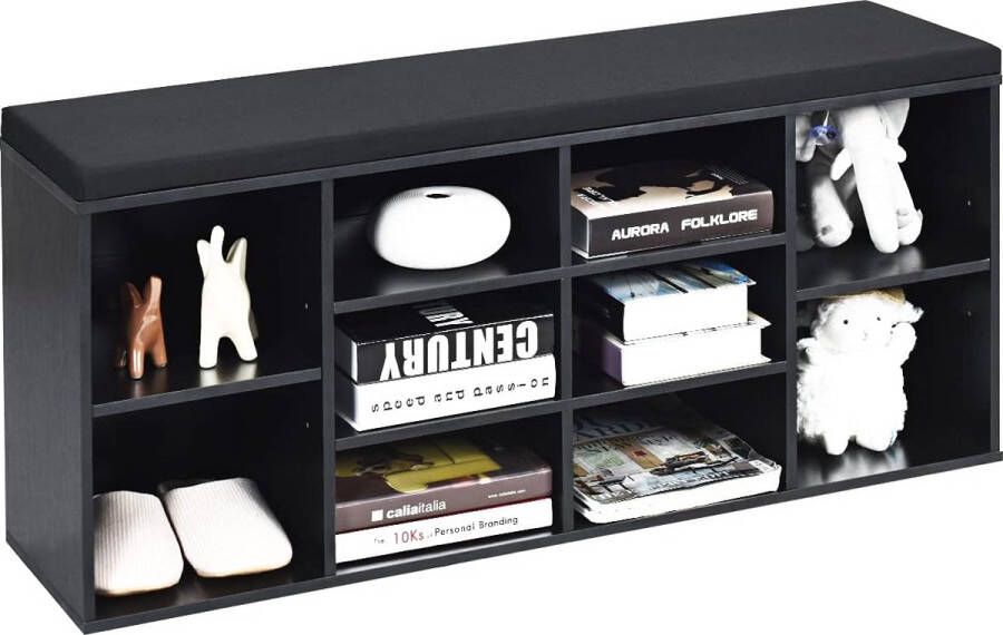 Schoenenbank met zitvlak schoenenrek van hout schoenencommode schoenenrek zitbank met 10 open vakken zitkussen 104 x 30 x 48 cm (zwart)