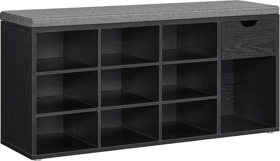 Schoenenbank opbergbank met lade en vakken schoenenrek gevoerde zitting hal entree slaapkamer 30 x 104 x 48 cm houtzwart en leigrijs
