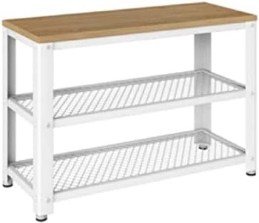 Schoenenbank opbergrek met 2 niveaus organizer schoenenrek 73 x 30 x 45 cm voor entree woonkamer stalen frame industriële stijl beige eiken en wit