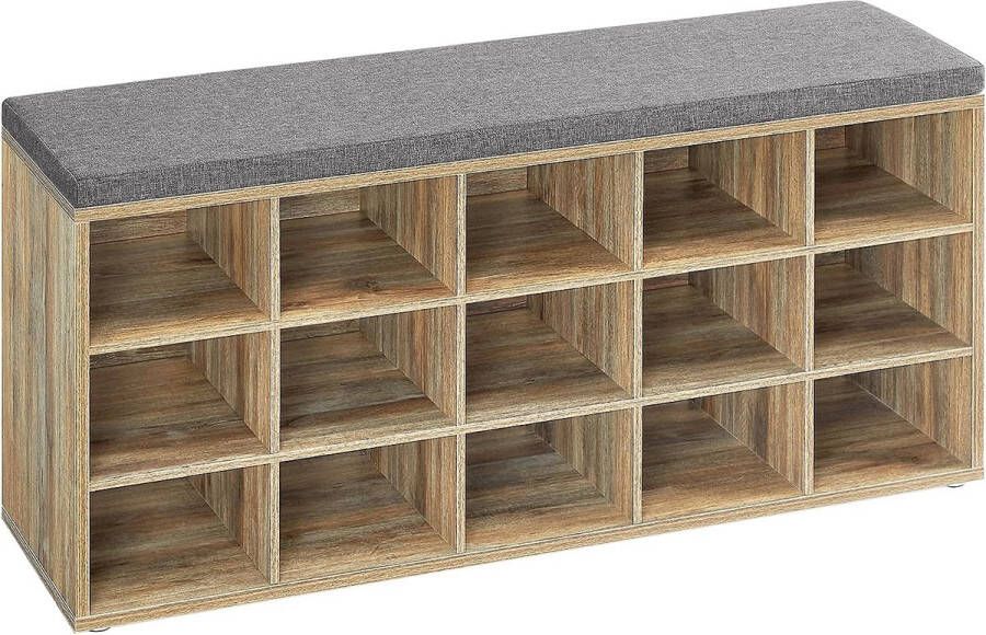 Schoenenbank schoenenkast entree kast met gevoerde zitting en 15 vakken rek voor ingangsschoenen belasting tot 200 kg eiken met blauwe en grijze nerf