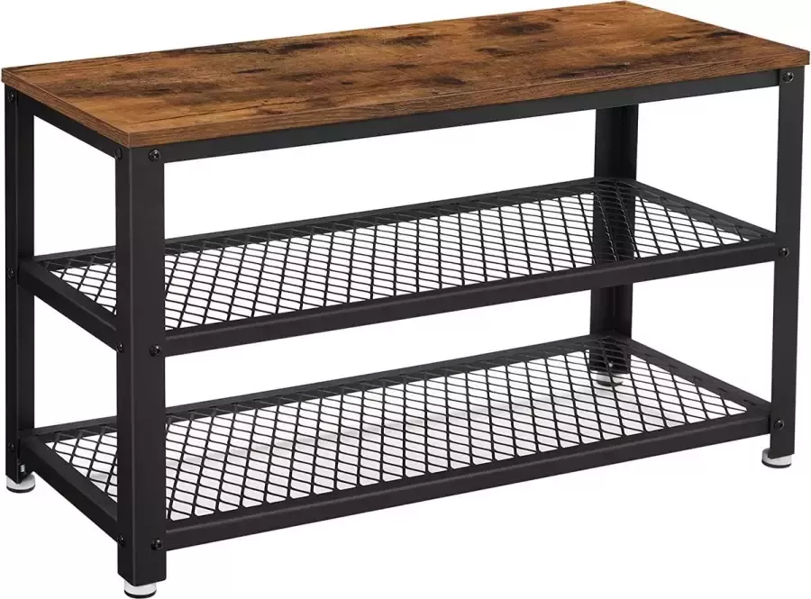 Schoenenbank schoenenrek met 2 legplanken opbergruimte voor schoenen 73 x 30 x 45 cm voor gang hal woonkamer metalen frame industrieel design vintage bruin-zwart LBS73X