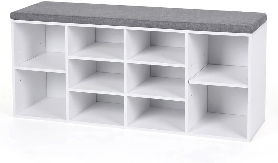Schoenenbank Schoenenrek Opbergkast met 10 open vakken en zacht comfortabel kussen Geschikt voor hal en slaapkamer 104 x 30 x 48 cm Wit