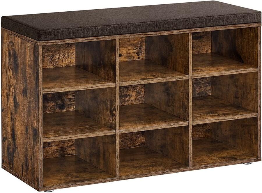 Schoenenbank Schoenenrek Opbergkast met 9 open vakken en zacht comfortabel kussen Geschikt voor hal en slaapkamer 30.3 x 78.5 x 48 cm bruin