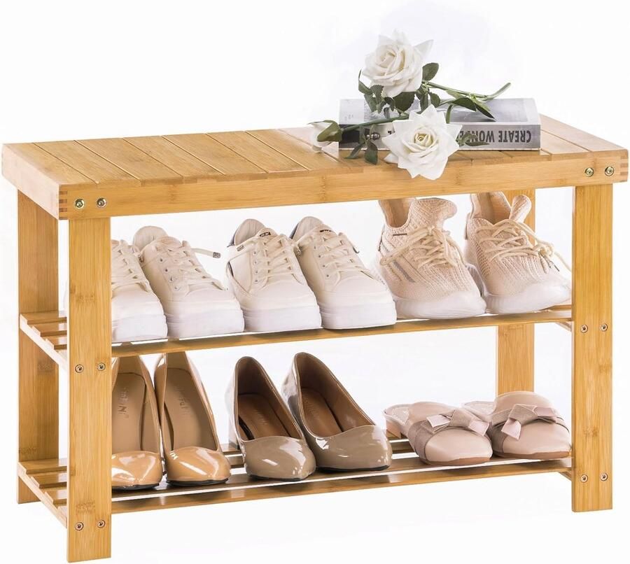 Schoenenbank van bamboe met 3 planken – 70 x 28 x 45 cm schoenenrek en zitbank voor hal