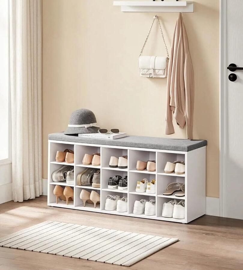 Schoenenbank Zitbank en Schoenenrek met Zitkussen 15 Vakken 200 kg Wit