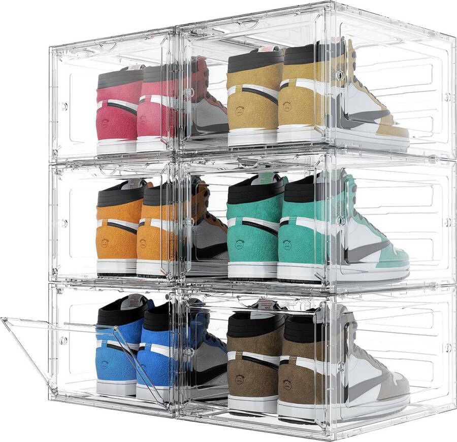 Schoenendoos stapelbaar transparant set van 6 schoenendozen kunststof schoenendozen stapelbare schoenenorganizer kunststof opbergdoos schoenenopberger voor schoenen tot 35 x 27 x 19 cm