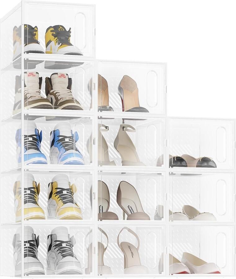Schoenendozen 12 stuks doorzichtige en stapelbare plastic schoenendozen met magnetische deur traineropslag met deksel voor dames heren transparant wit
