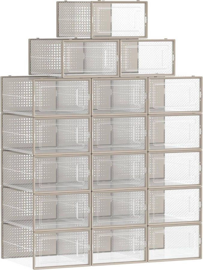 Schoenendozen set van 18 schoenenorganizer van kunststof opvouwbaar en stapelbaar voor schoenen tot transparant-havervlokkenbeige